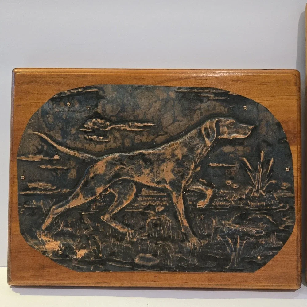 Lot 2 Vintage Hammered Copper Pointer Bird Dog & Deer Hunting Art Framed 8